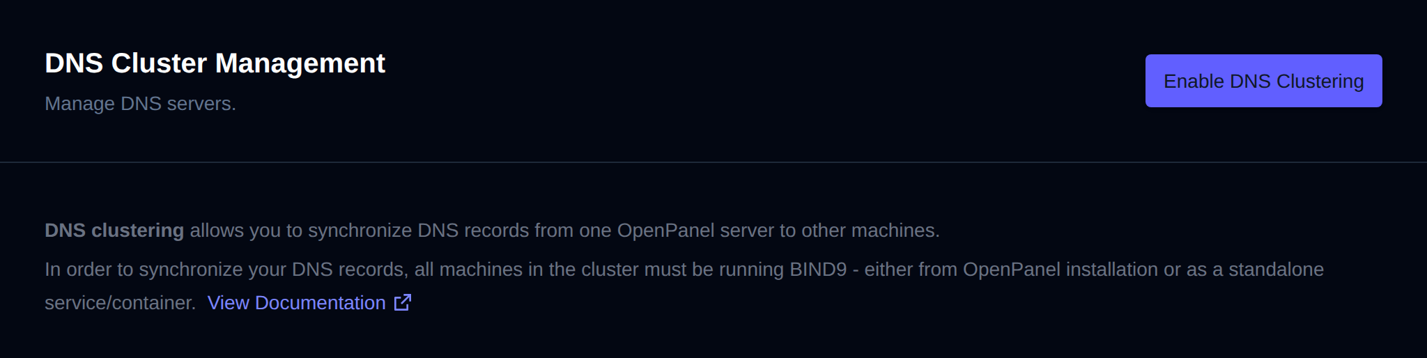 DNS Cluster Management page with the Enable DNS Clustering button