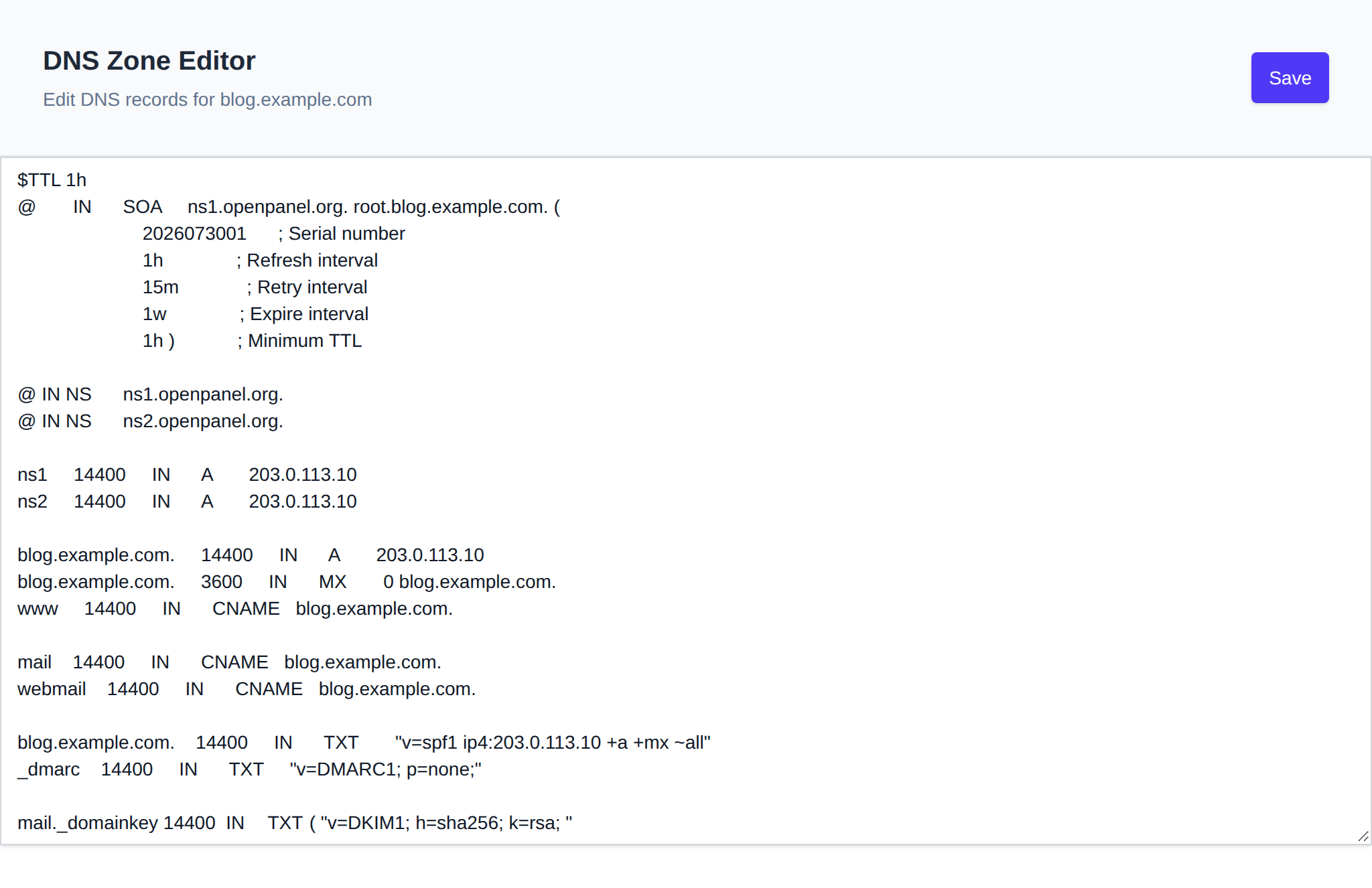 DNS Zone Editor showing the zone file of a domain with the Save button
