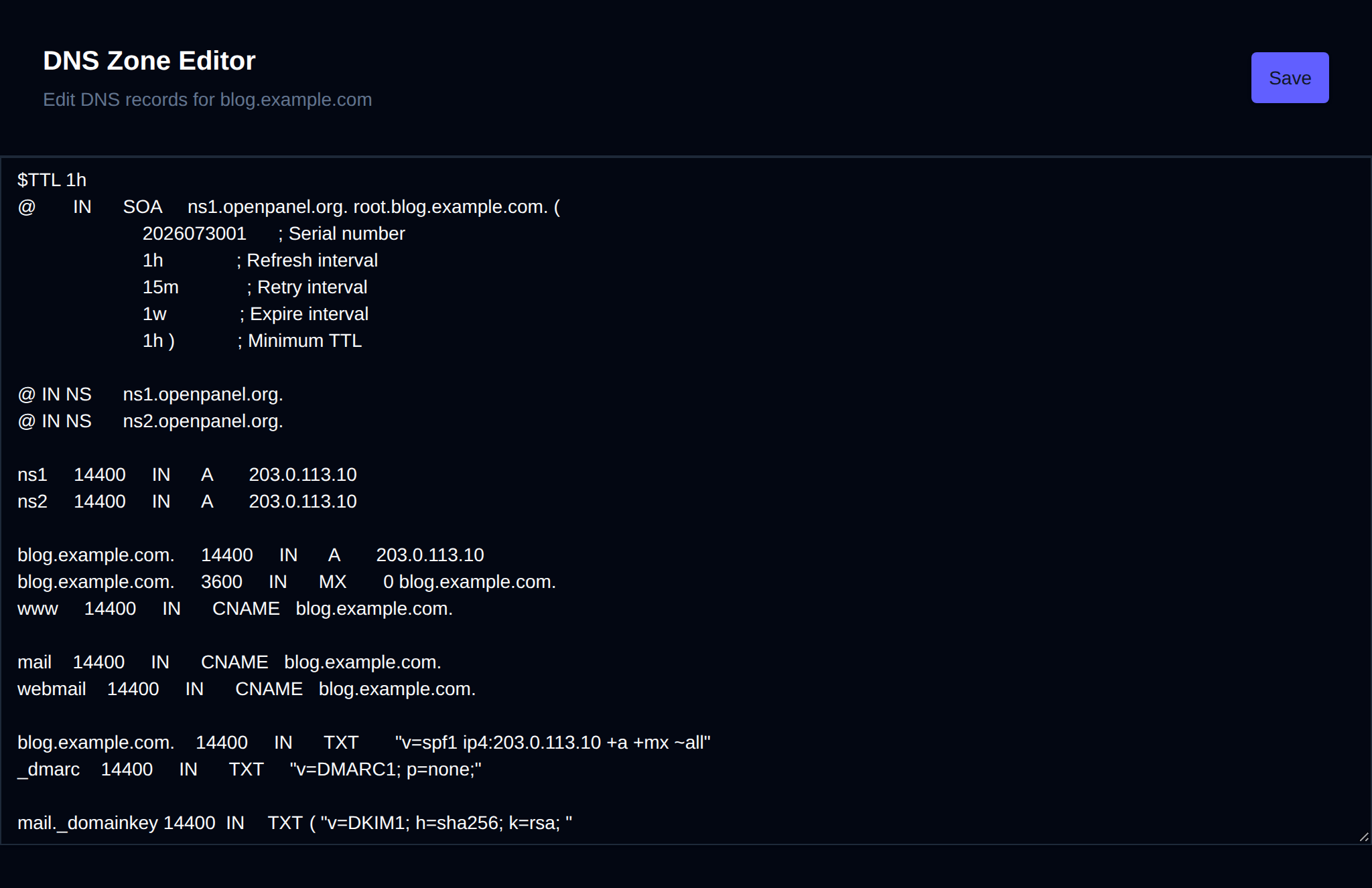 DNS Zone Editor showing the zone file of a domain with the Save button