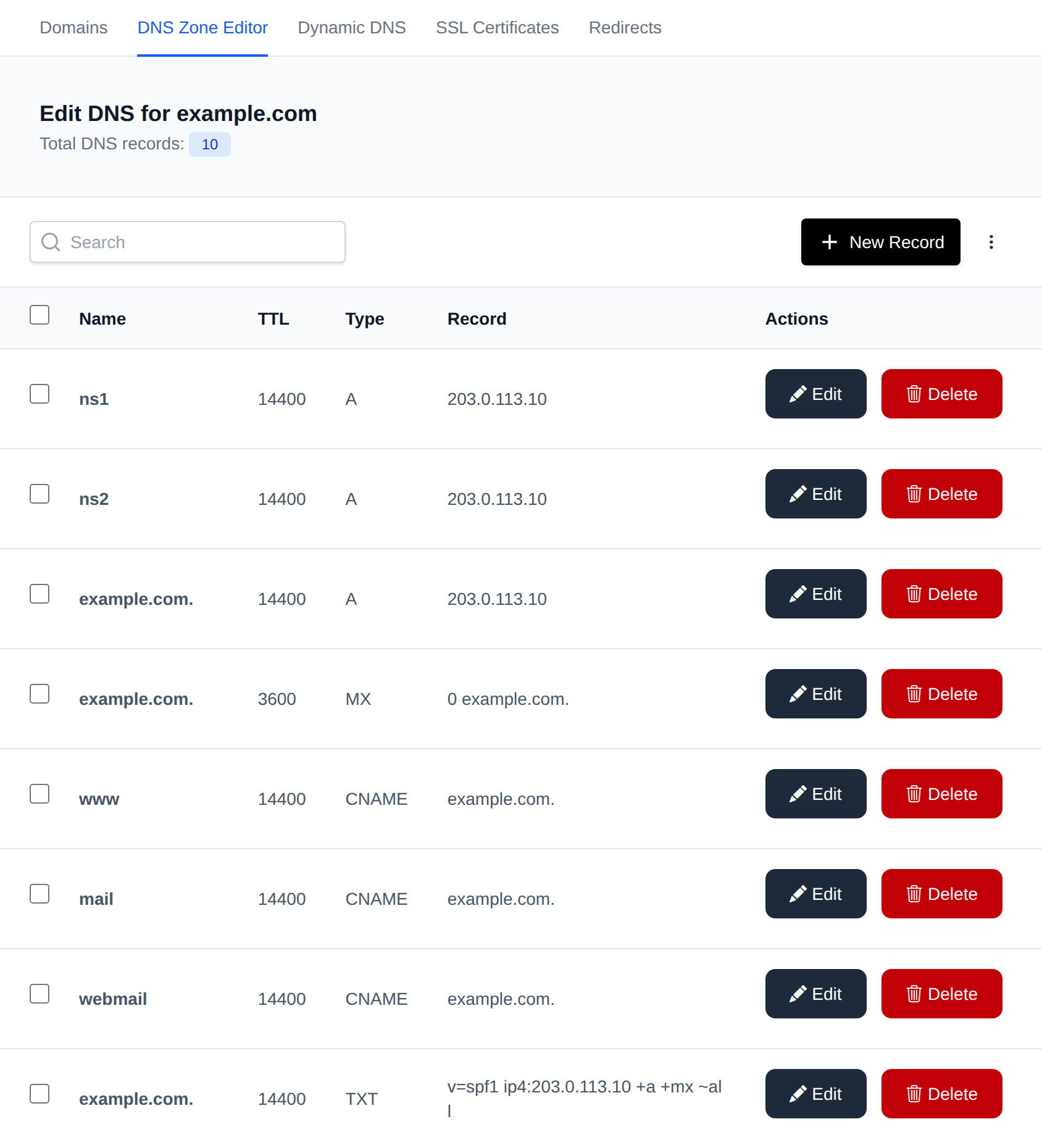 DNS zone editor listing A, MX, CNAME and TXT records with Edit and Delete buttons