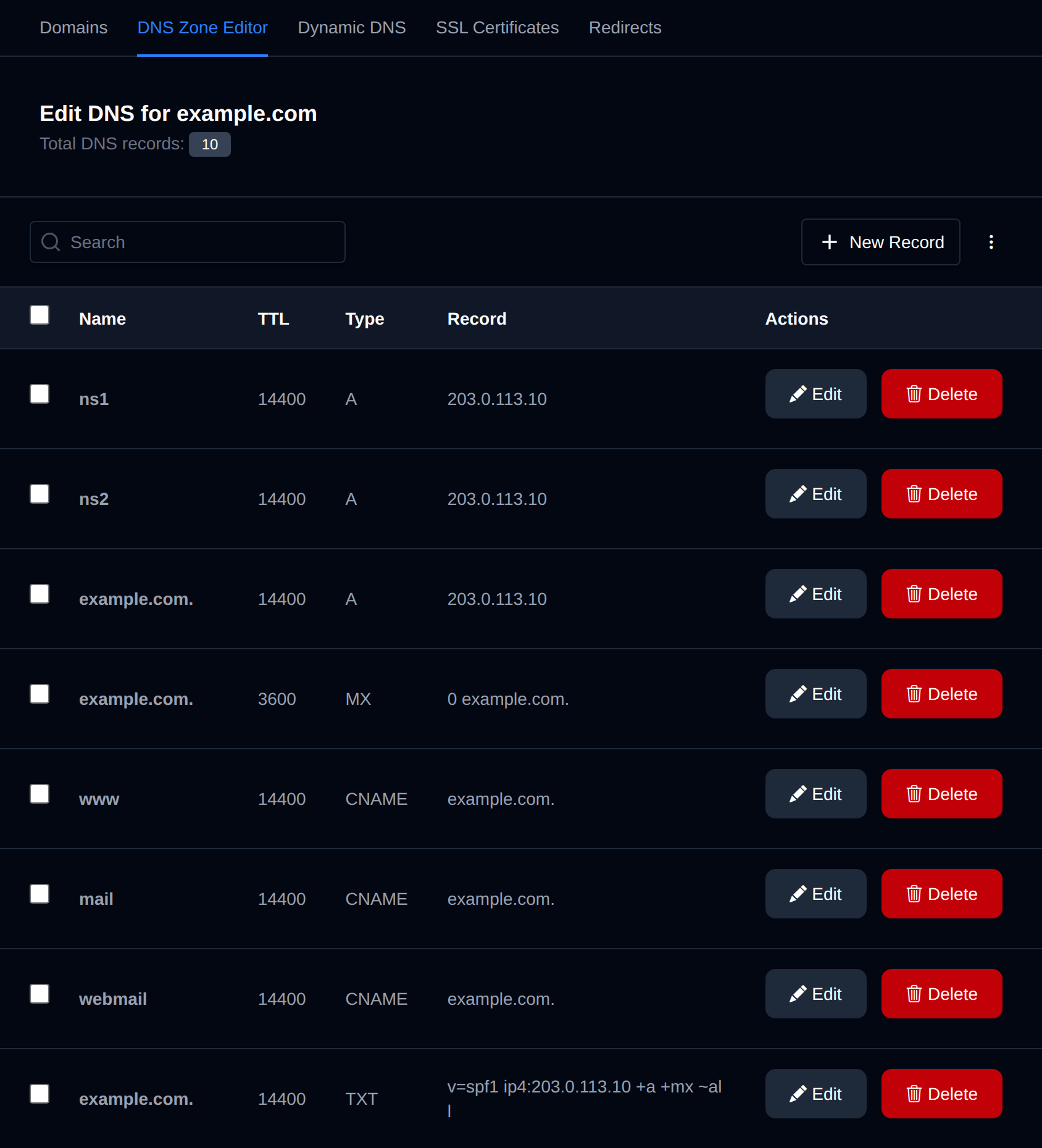 DNS zone editor listing A, MX, CNAME and TXT records with Edit and Delete buttons