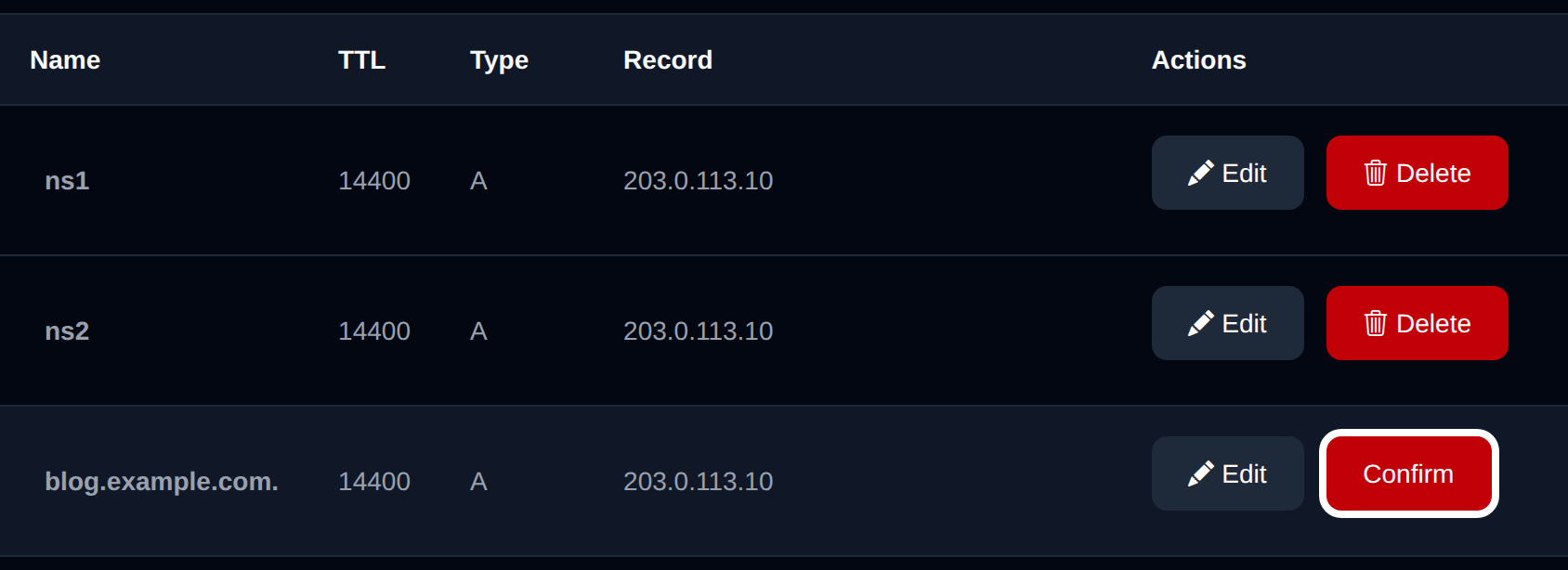 Delete button of a DNS record turned into a Confirm button after the first click
