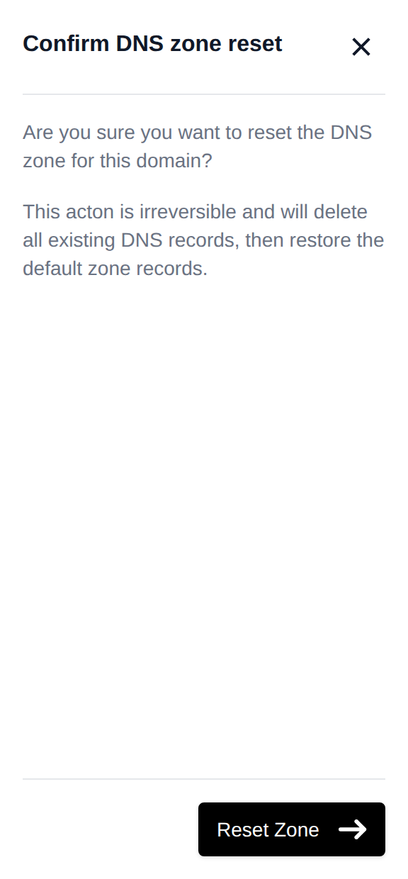 Reset Zone panel asking for confirmation before the DNS zone is restored to its default records