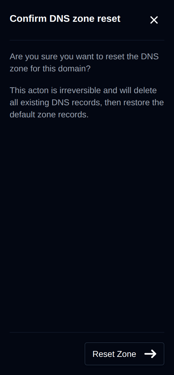 Reset Zone panel asking for confirmation before the DNS zone is restored to its default records