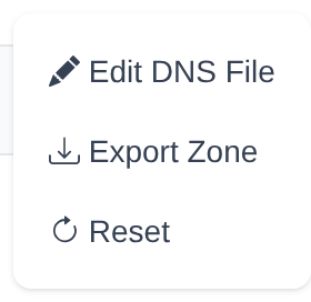 DNS Zone Editor menu with the Edit DNS File, Export Zone and Reset options