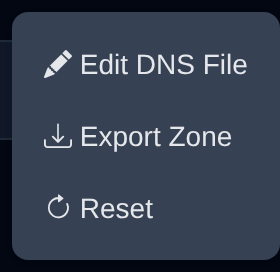 DNS Zone Editor menu with the Edit DNS File, Export Zone and Reset options