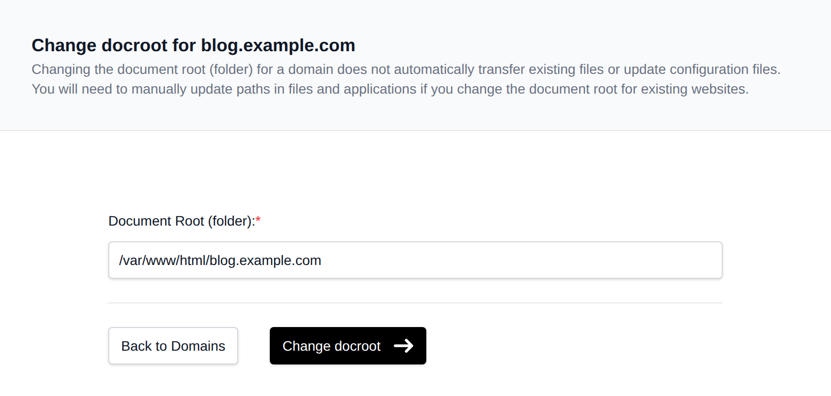 Change docroot form with the document root folder field