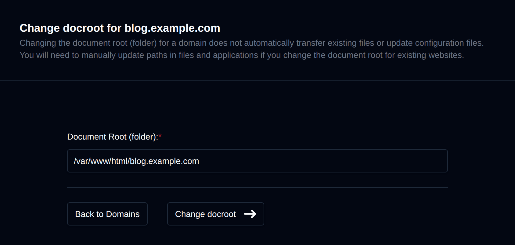 Change docroot form with the document root folder field