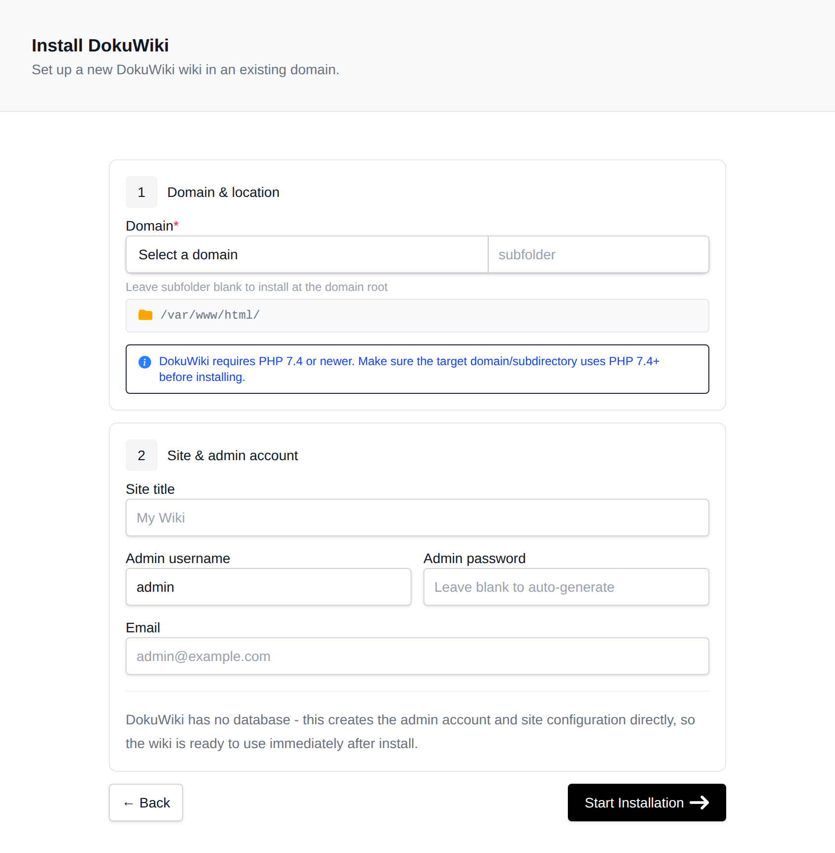 Install DokuWiki form with the site details, domain and location, and admin credentials