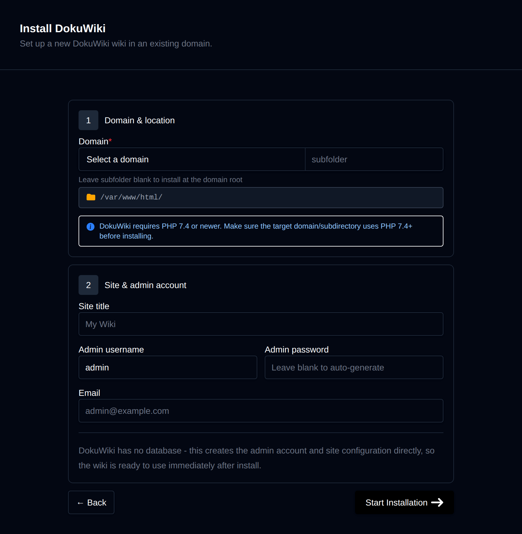 Install DokuWiki form with the site details, domain and location, and admin credentials