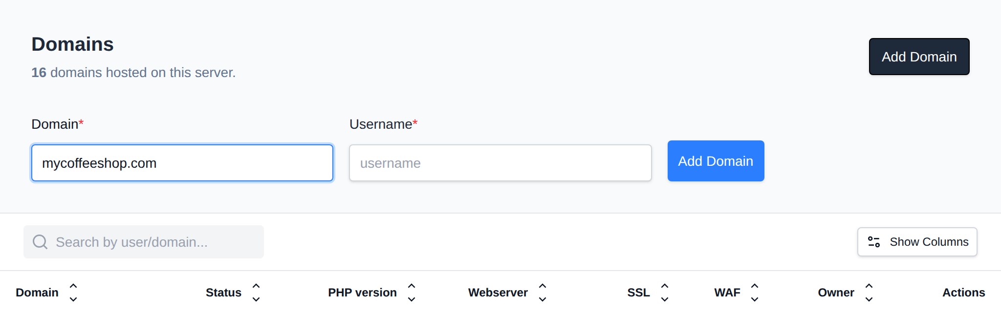 Add Domain form with the domain name and the user to add it to