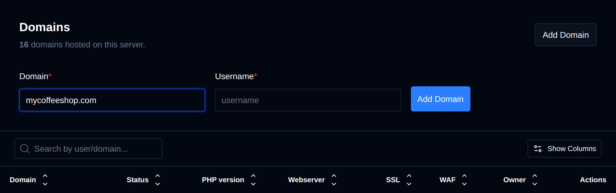 Add Domain form with the domain name and the user to add it to