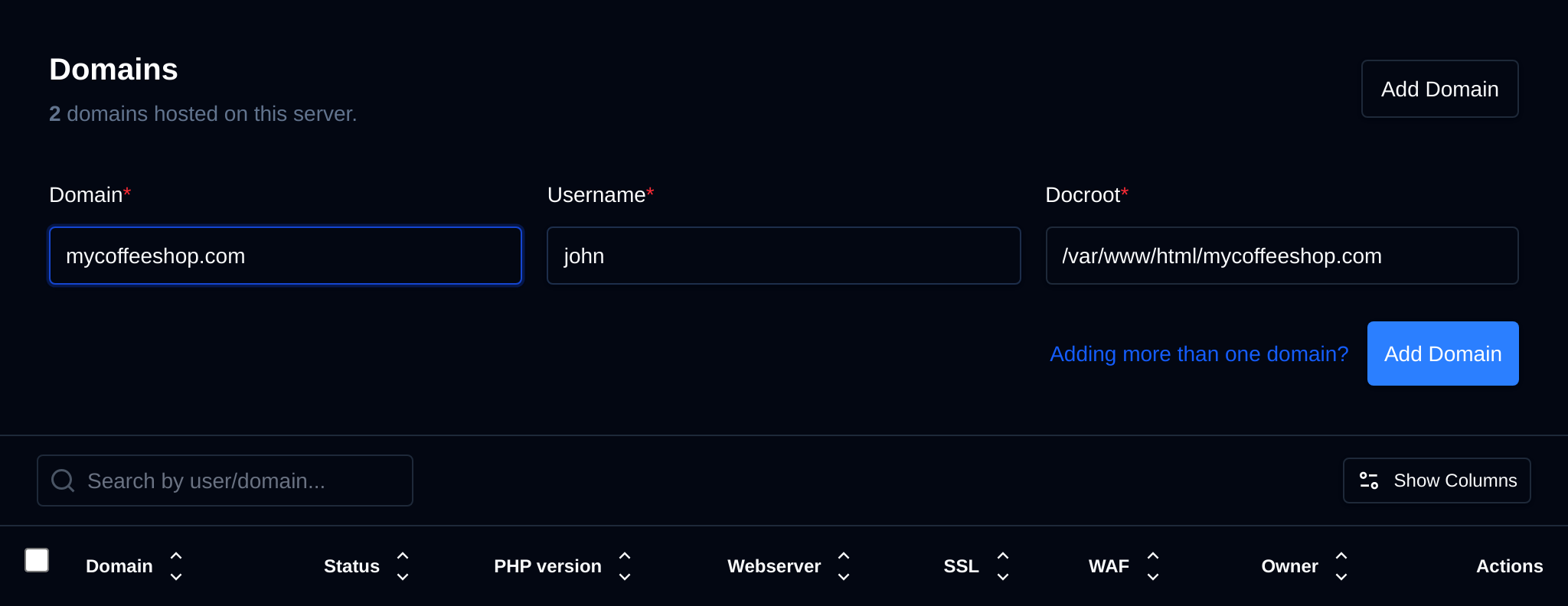 Add Domain form with the domain name, the user to add it to and the docroot