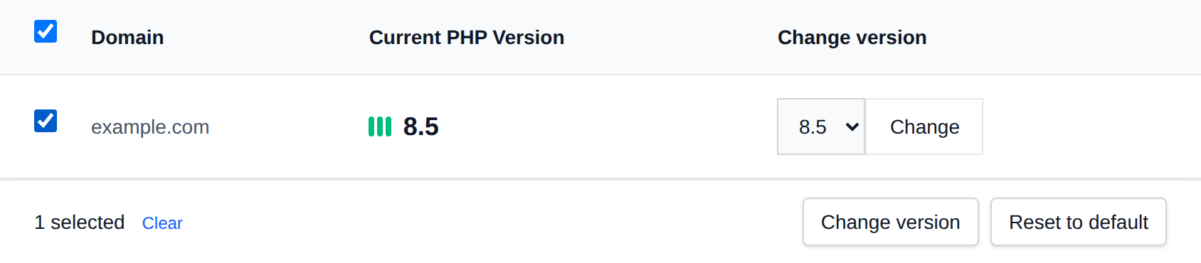 A domain selected with the bulk actions bar offering Change version and Reset to default