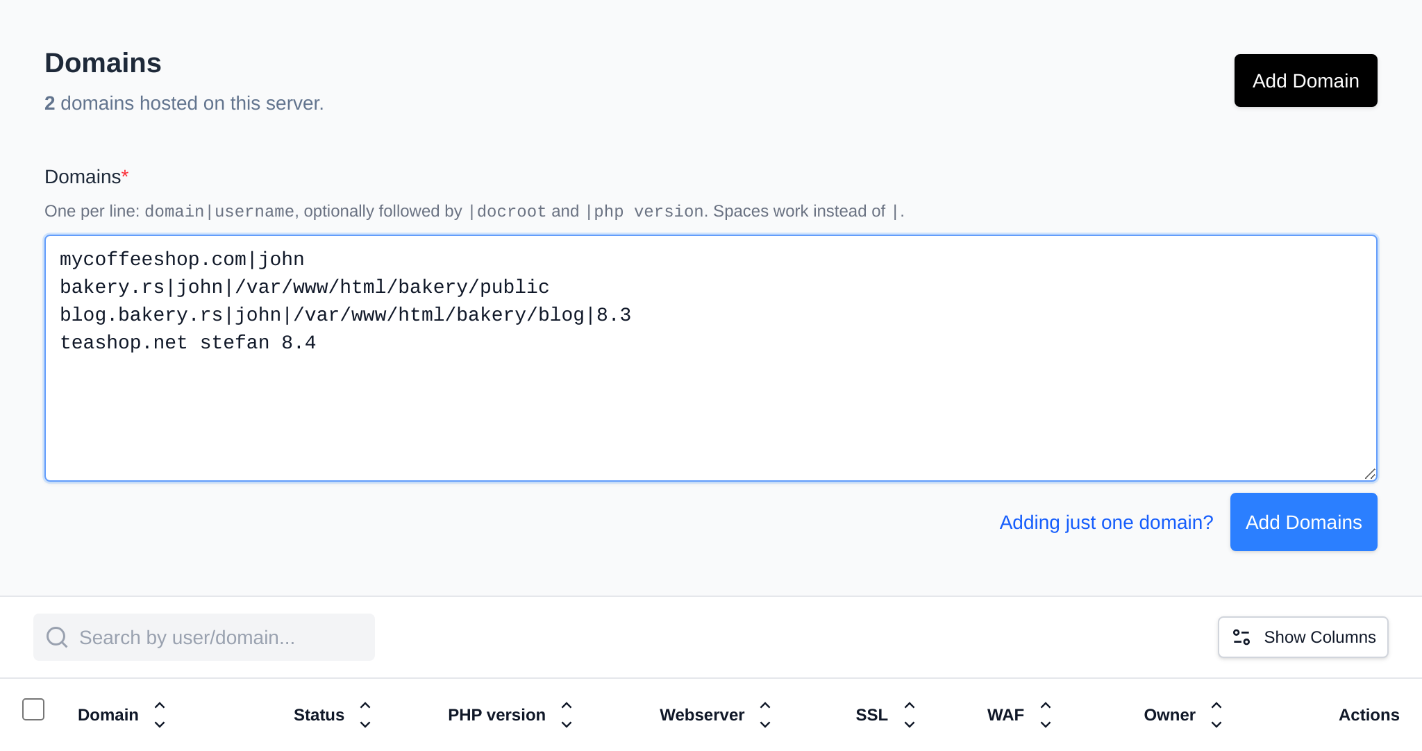Bulk add domains form with one domain per line