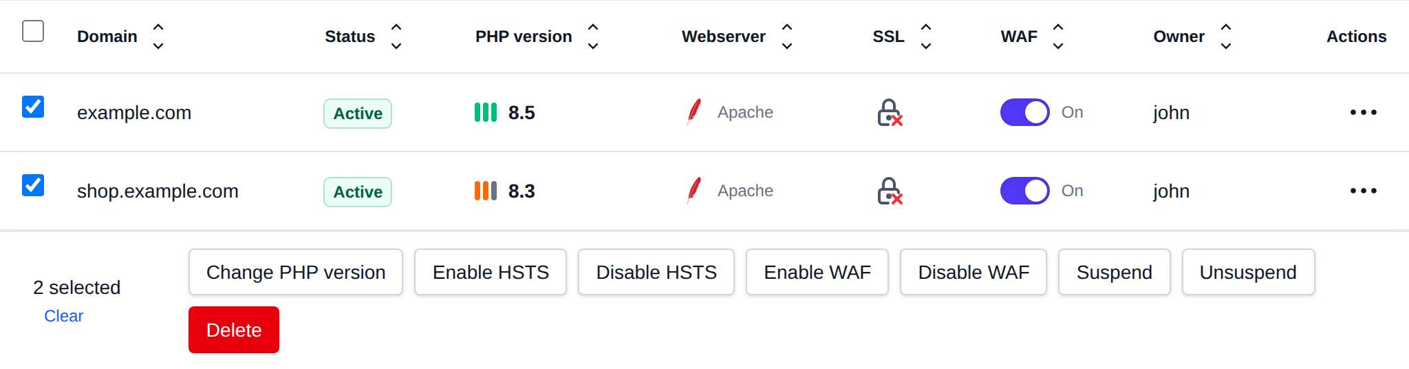 Two domains selected with the bulk actions bar offering Change PHP version, Enable HSTS, Disable HSTS, Enable WAF, Disable WAF, Suspend, Unsuspend and Delete