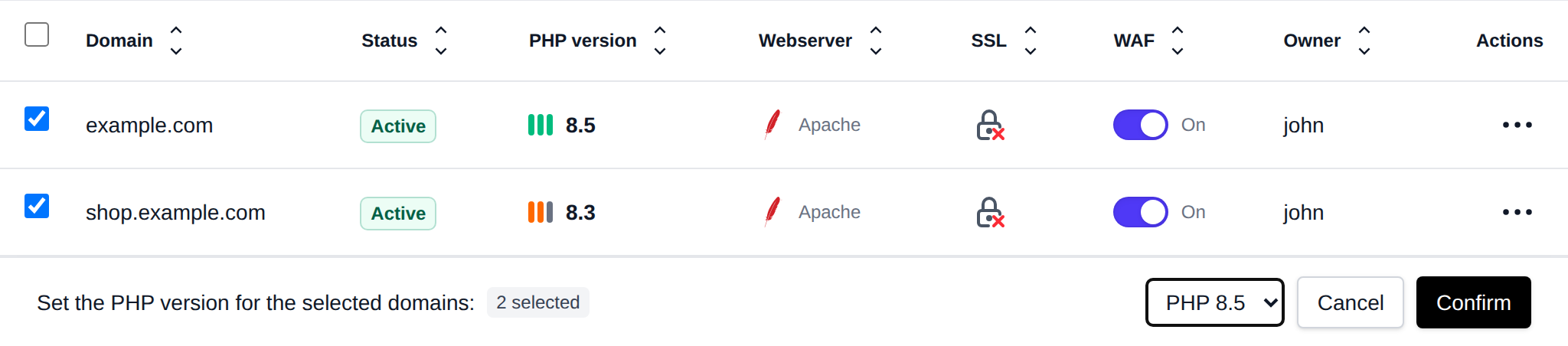 Change PHP version step of the bulk actions bar with a dropdown of the installed PHP versions