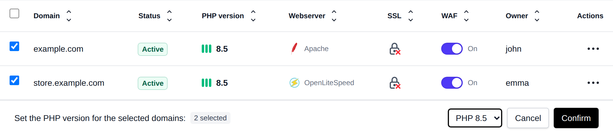 Change PHP version step of the bulk actions bar with a dropdown of the installed PHP versions