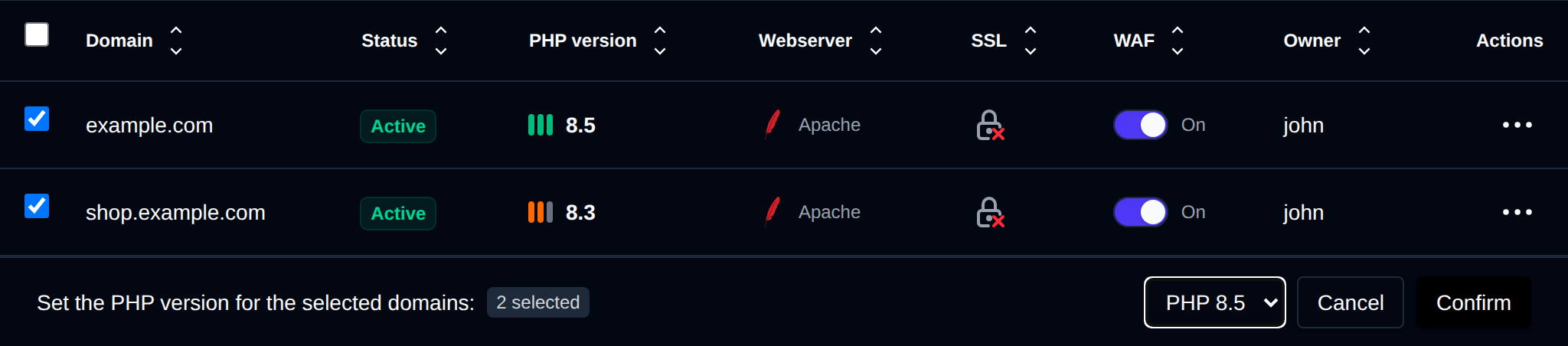 Change PHP version step of the bulk actions bar with a dropdown of the installed PHP versions