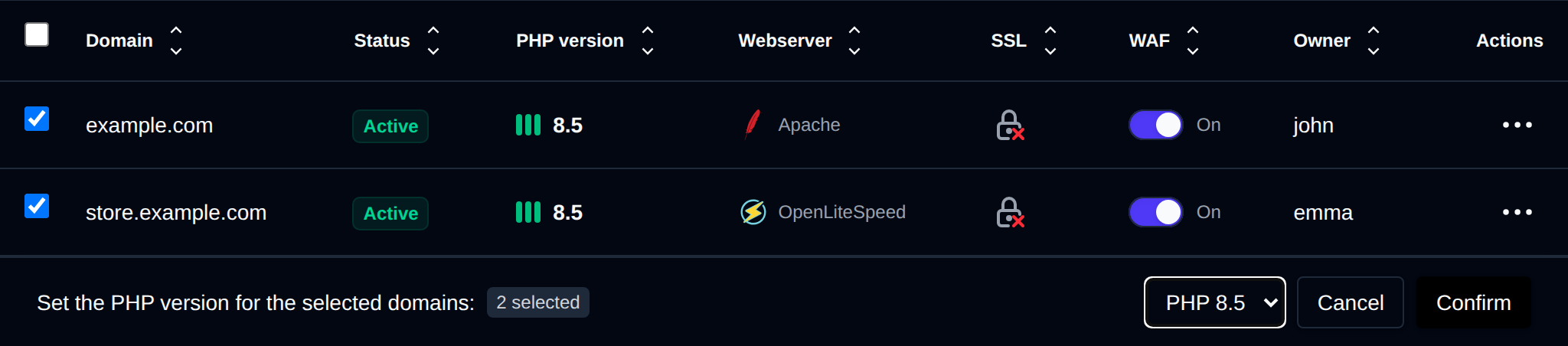 Change PHP version step of the bulk actions bar with a dropdown of the installed PHP versions