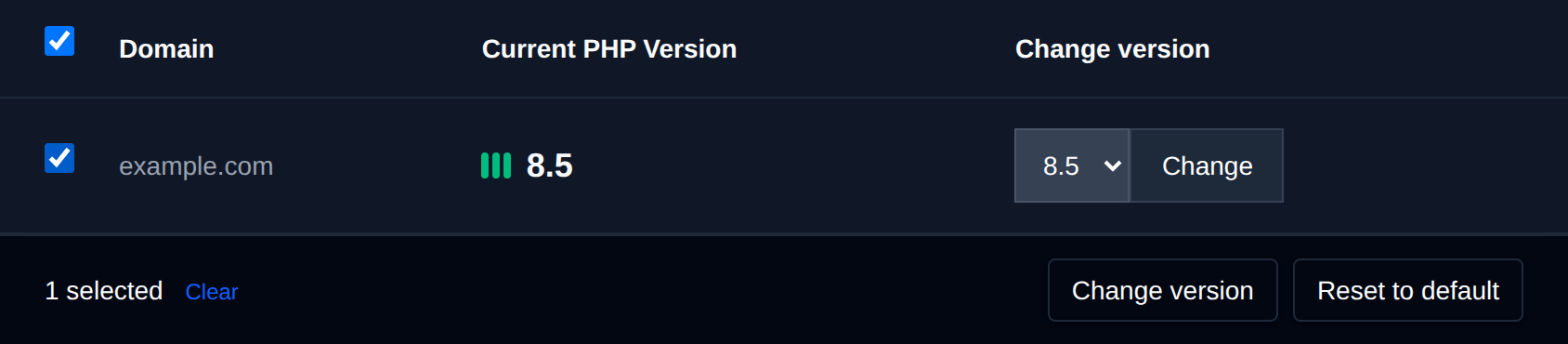 A domain selected with the bulk actions bar offering Change version and Reset to default
