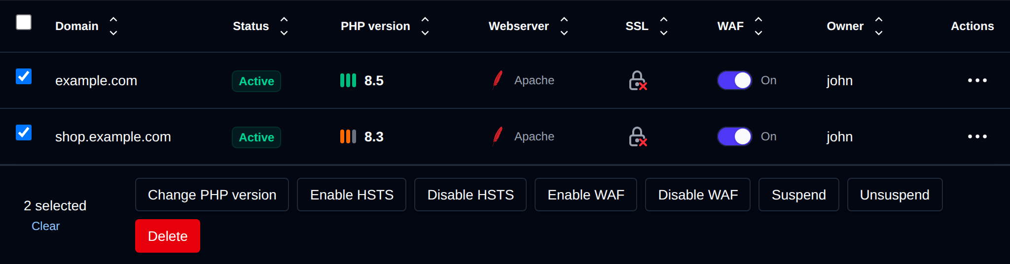 Two domains selected with the bulk actions bar offering Change PHP version, Enable HSTS, Disable HSTS, Enable WAF, Disable WAF, Suspend, Unsuspend and Delete