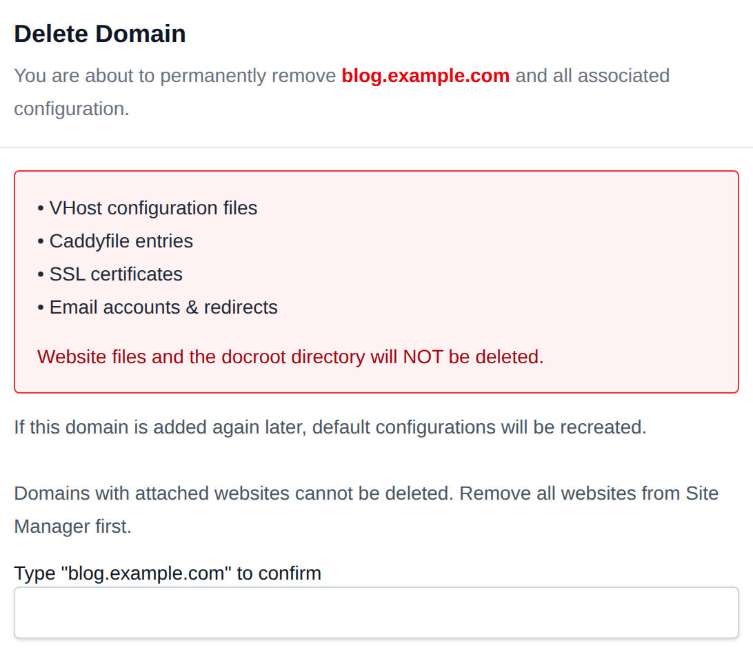 Delete domain confirmation asking to type the domain name before deleting it permanently
