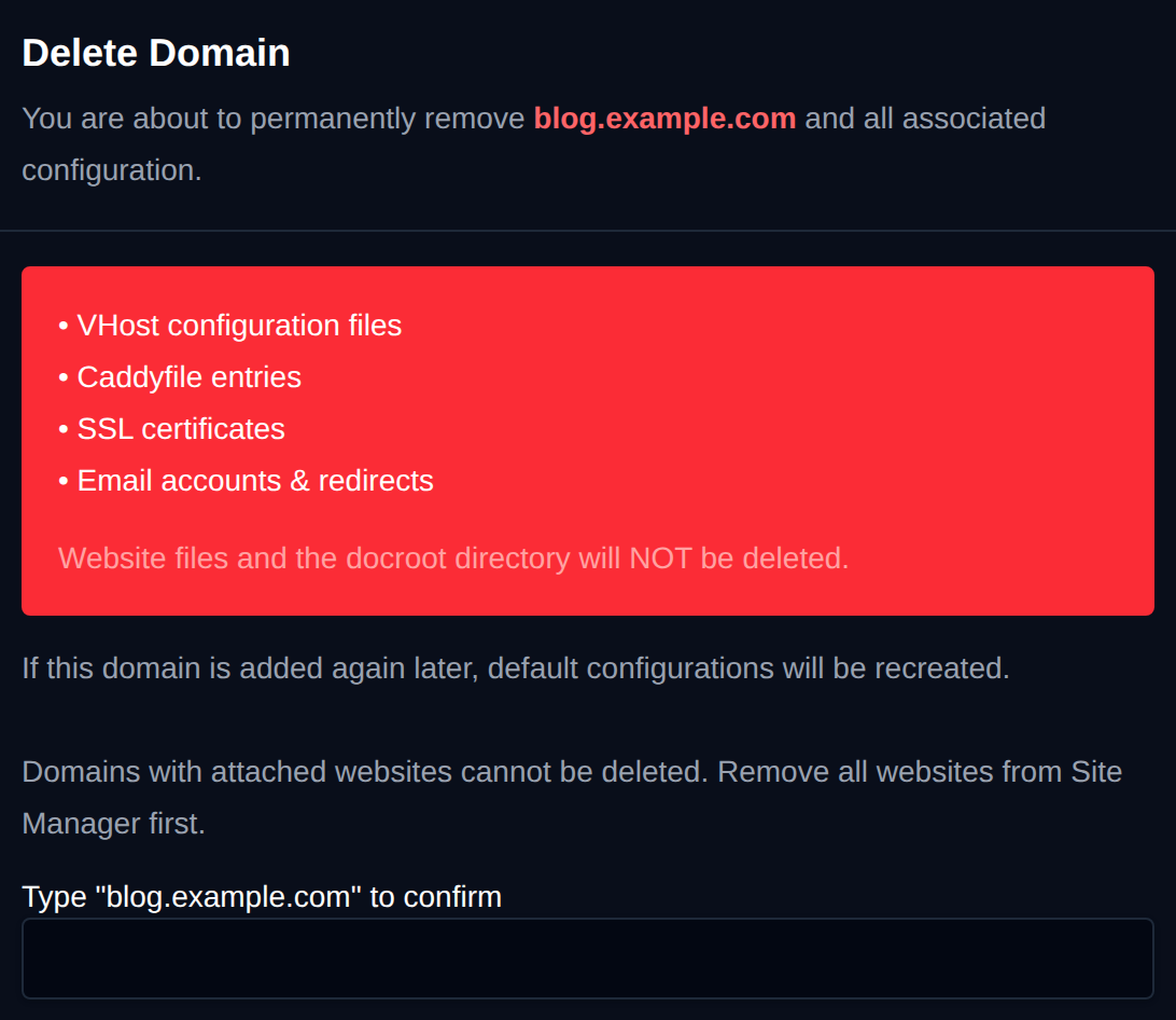 Delete domain confirmation asking to type the domain name before deleting it permanently