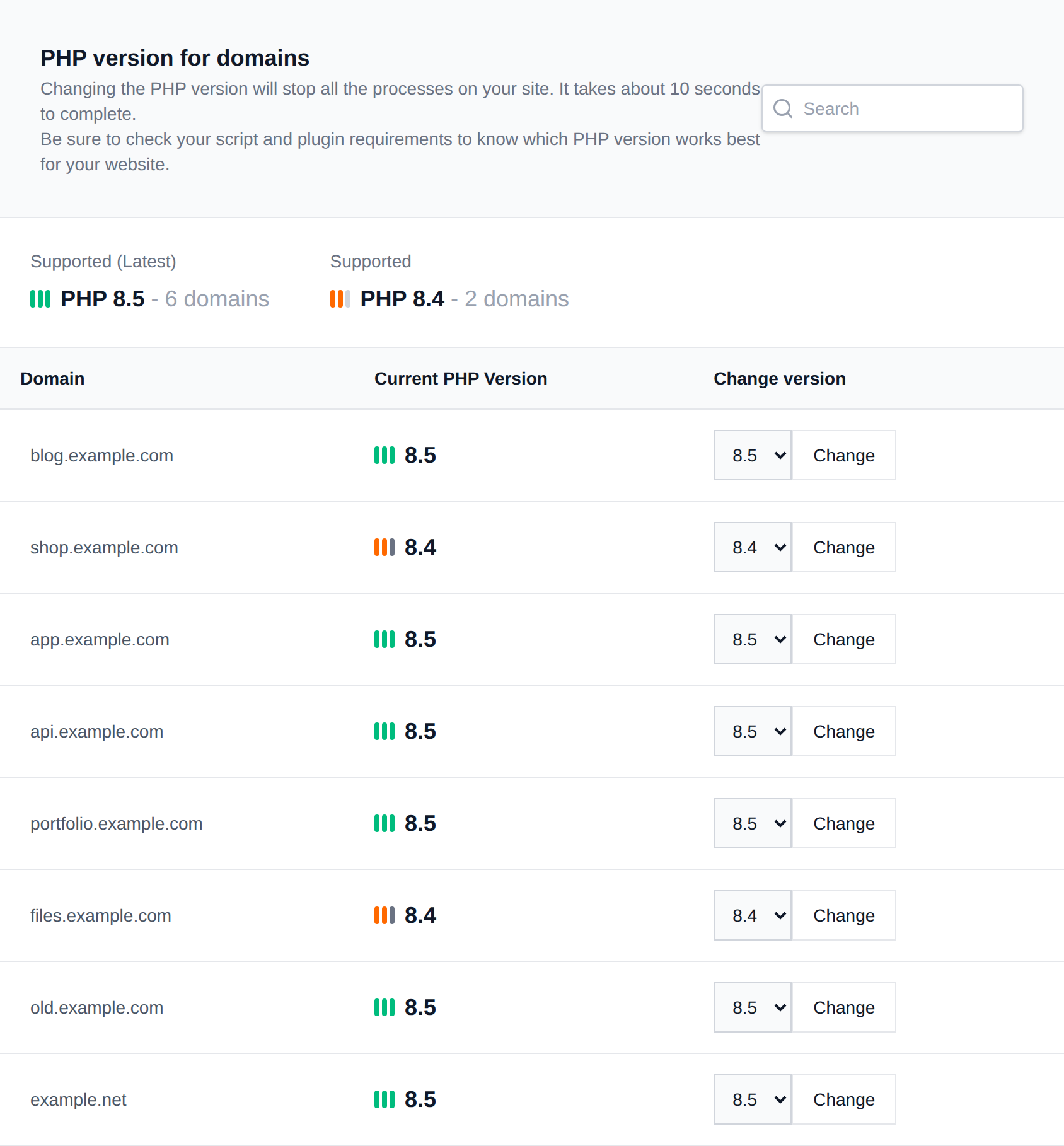 PHP version for domains page listing each domain with its current PHP version and a dropdown to change it