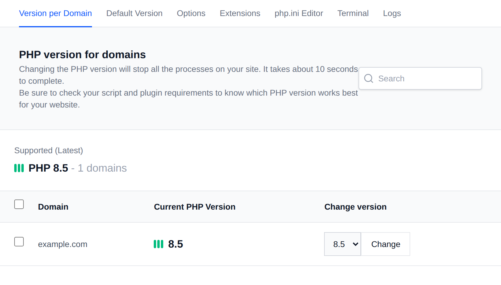 PHP version for domains page listing each domain with its current PHP version and a dropdown to change it