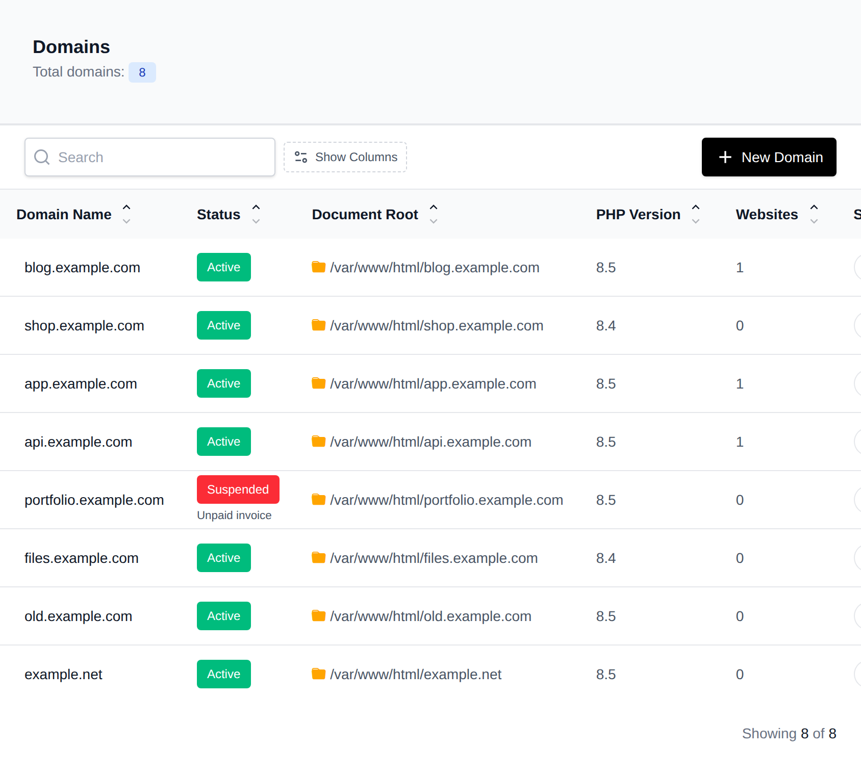 Domains page listing domains with their status, document root and PHP version