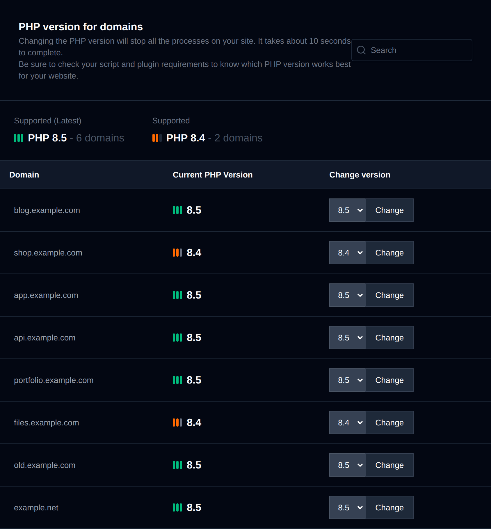 PHP version for domains page listing each domain with its current PHP version and a dropdown to change it