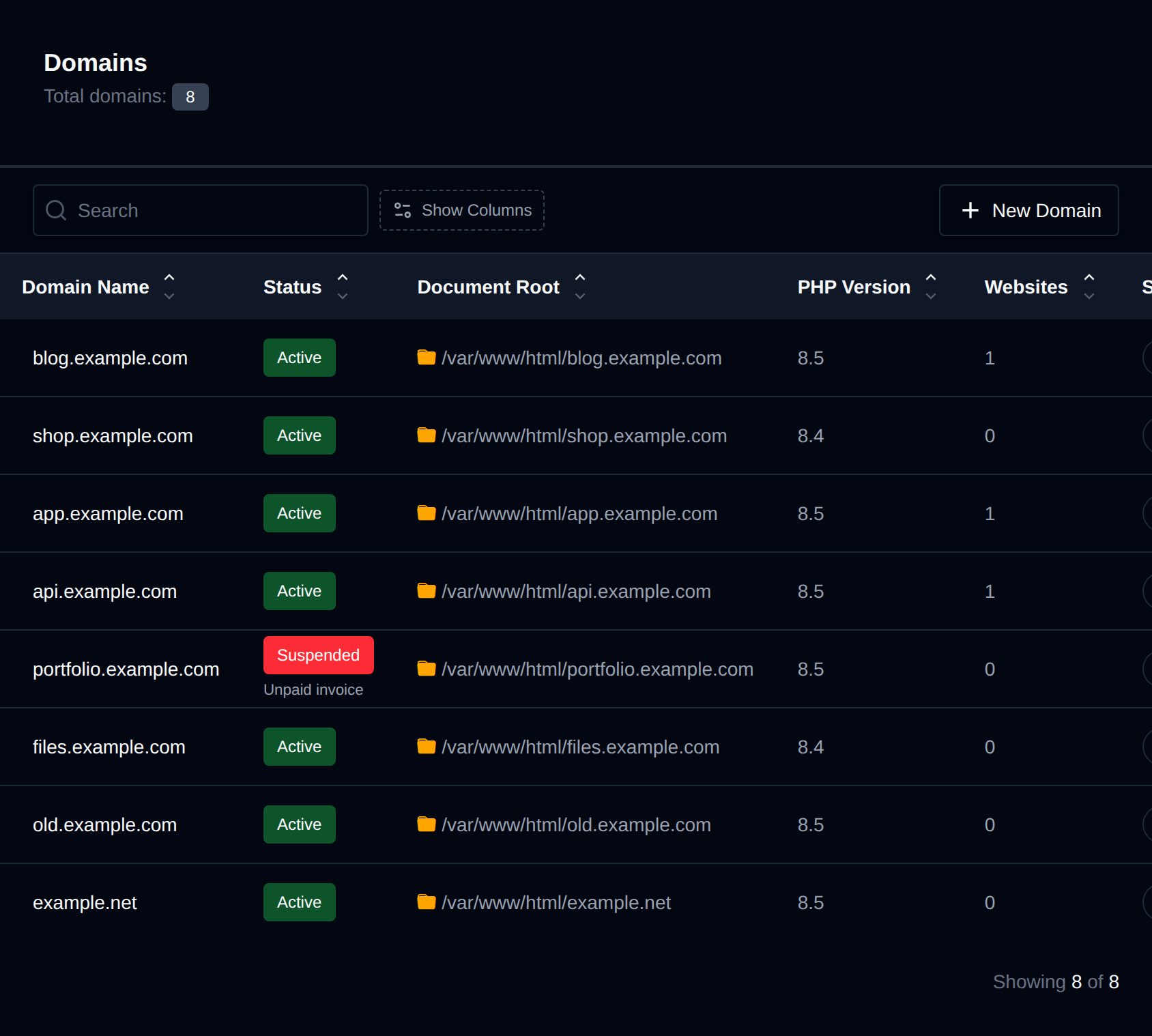 Domains page listing domains with their status, document root and PHP version