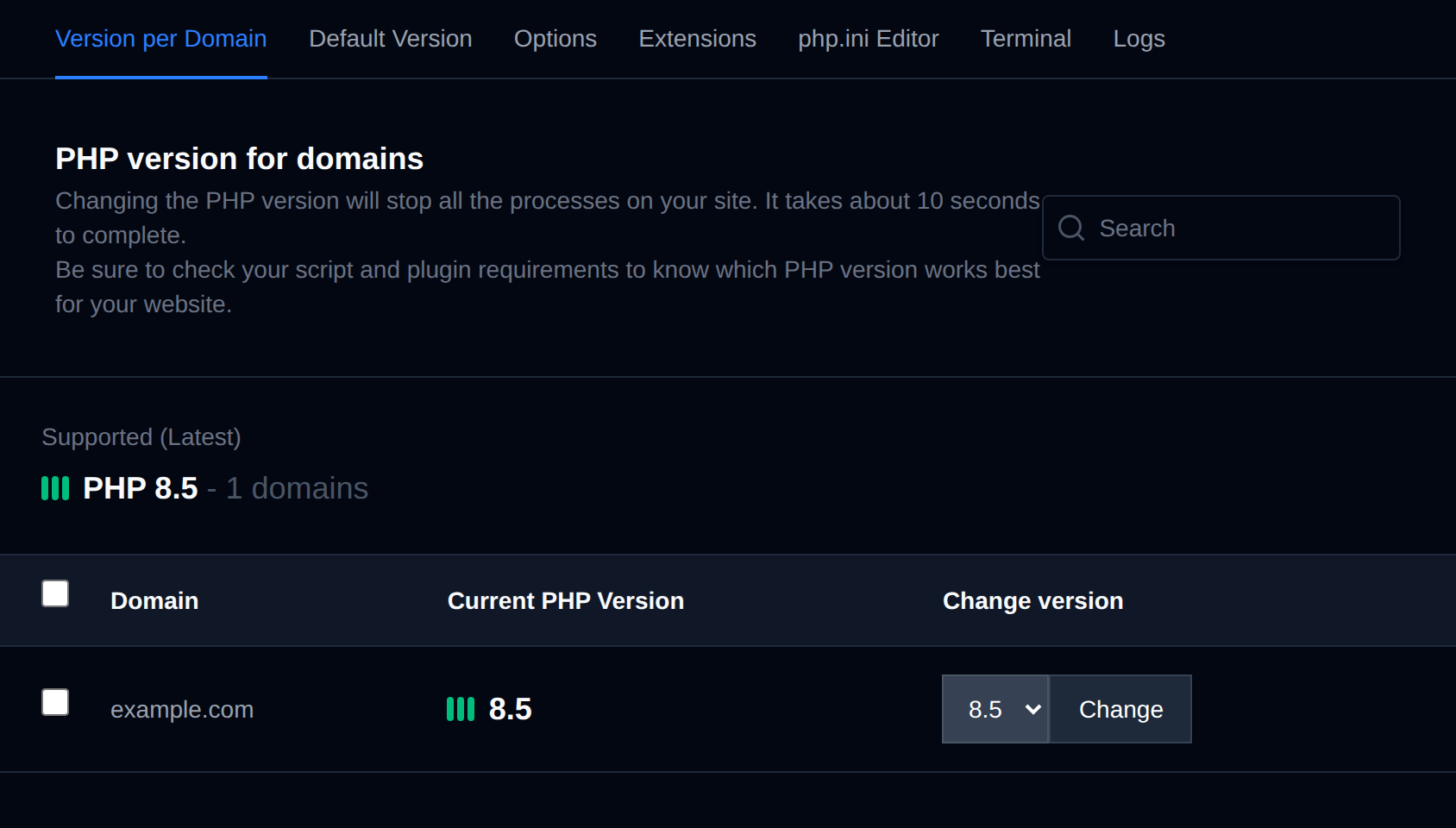 PHP version for domains page listing each domain with its current PHP version and a dropdown to change it
