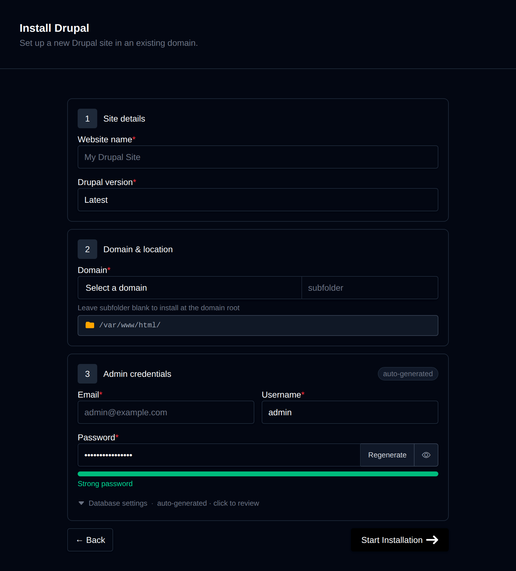 Install Drupal form with the site details, domain and location, and admin credentials