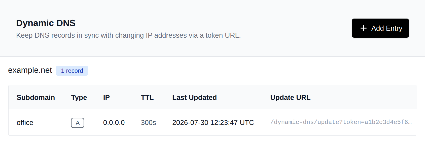 Dynamic DNS page listing entries with their subdomain, record type, IP, TTL and update URL