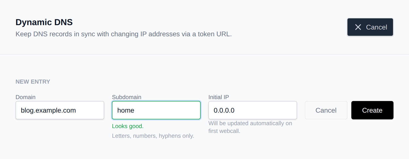 Add Entry form for a new Dynamic DNS record with the domain, subdomain and initial IP fields