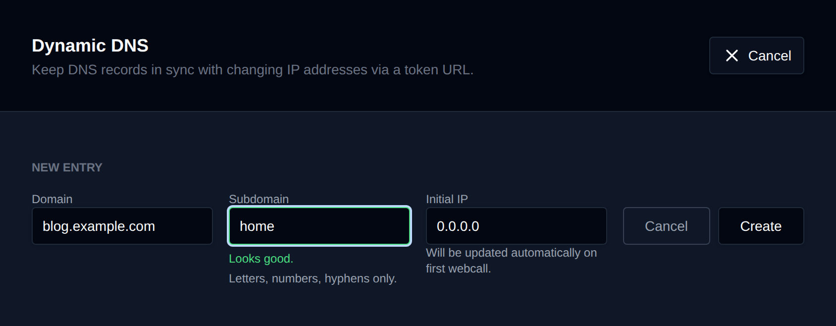 Add Entry form for a new Dynamic DNS record with the domain, subdomain and initial IP fields