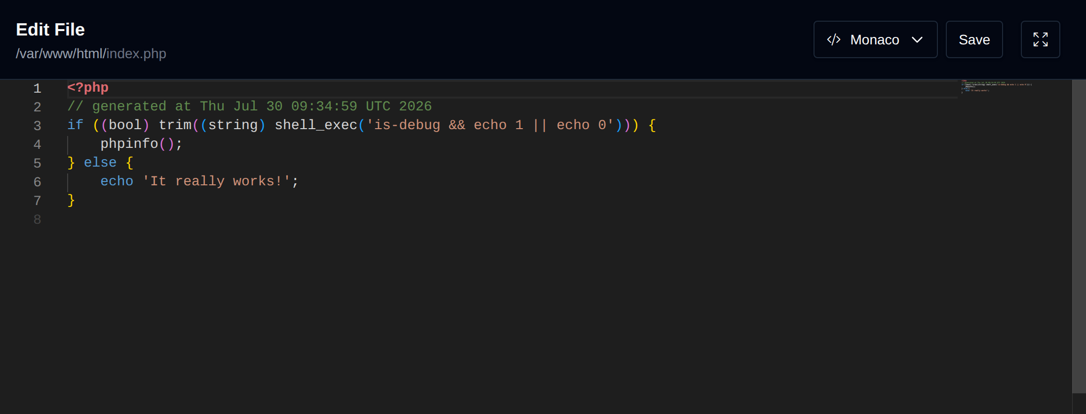 File editor with syntax highlighting and the Save button