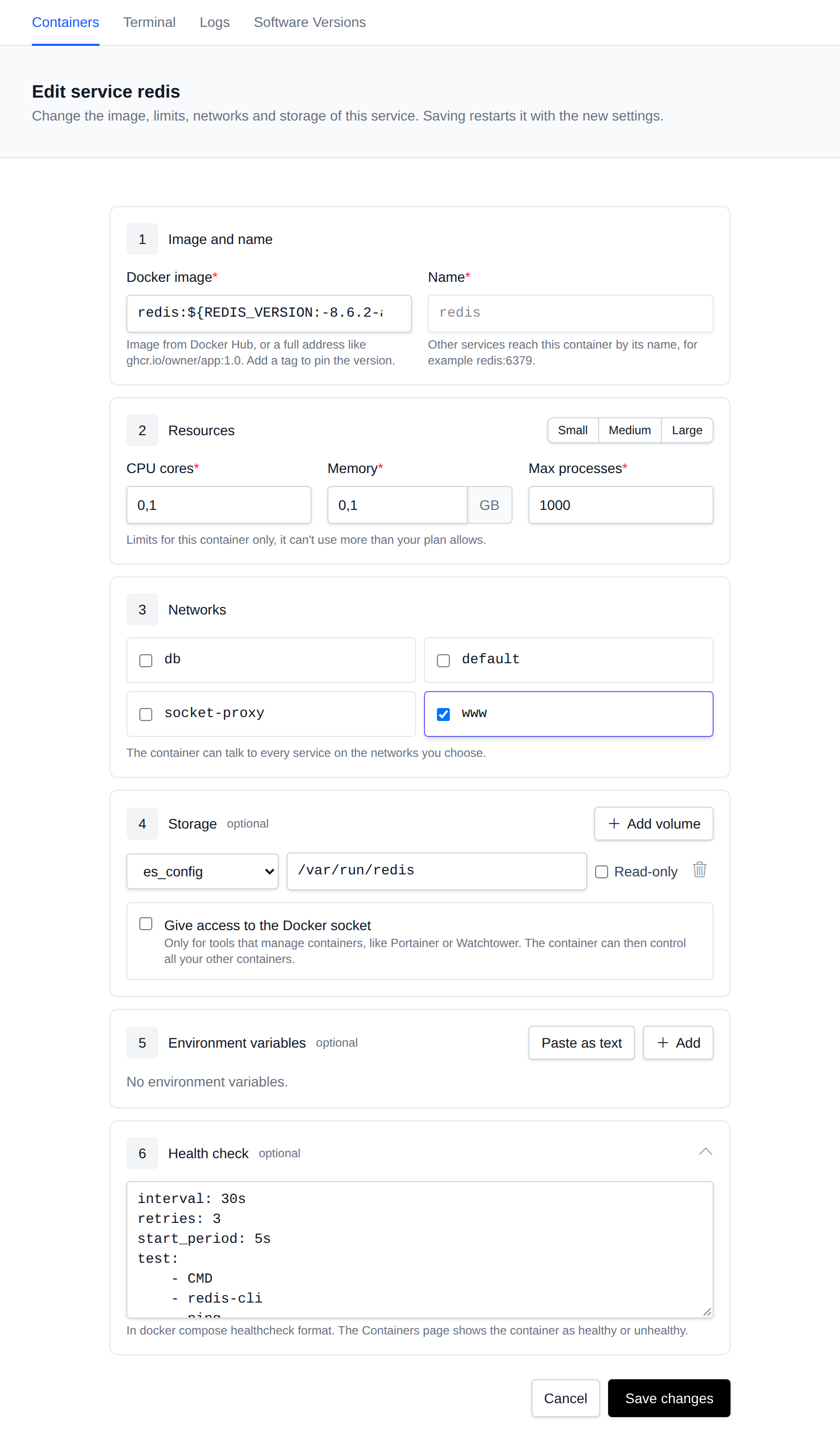 Edit service form with the image, resource limits, networks, storage and environment variables