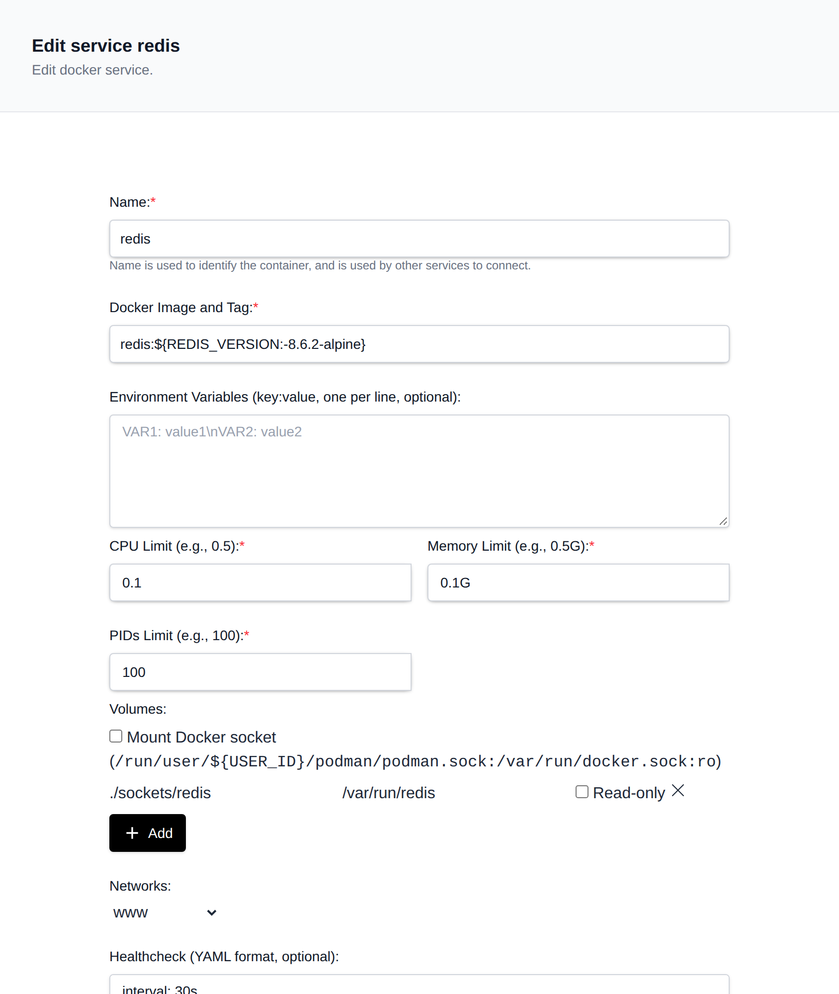 Edit service form with the image tag, environment variables, CPU, memory and PID limits, volumes and networks