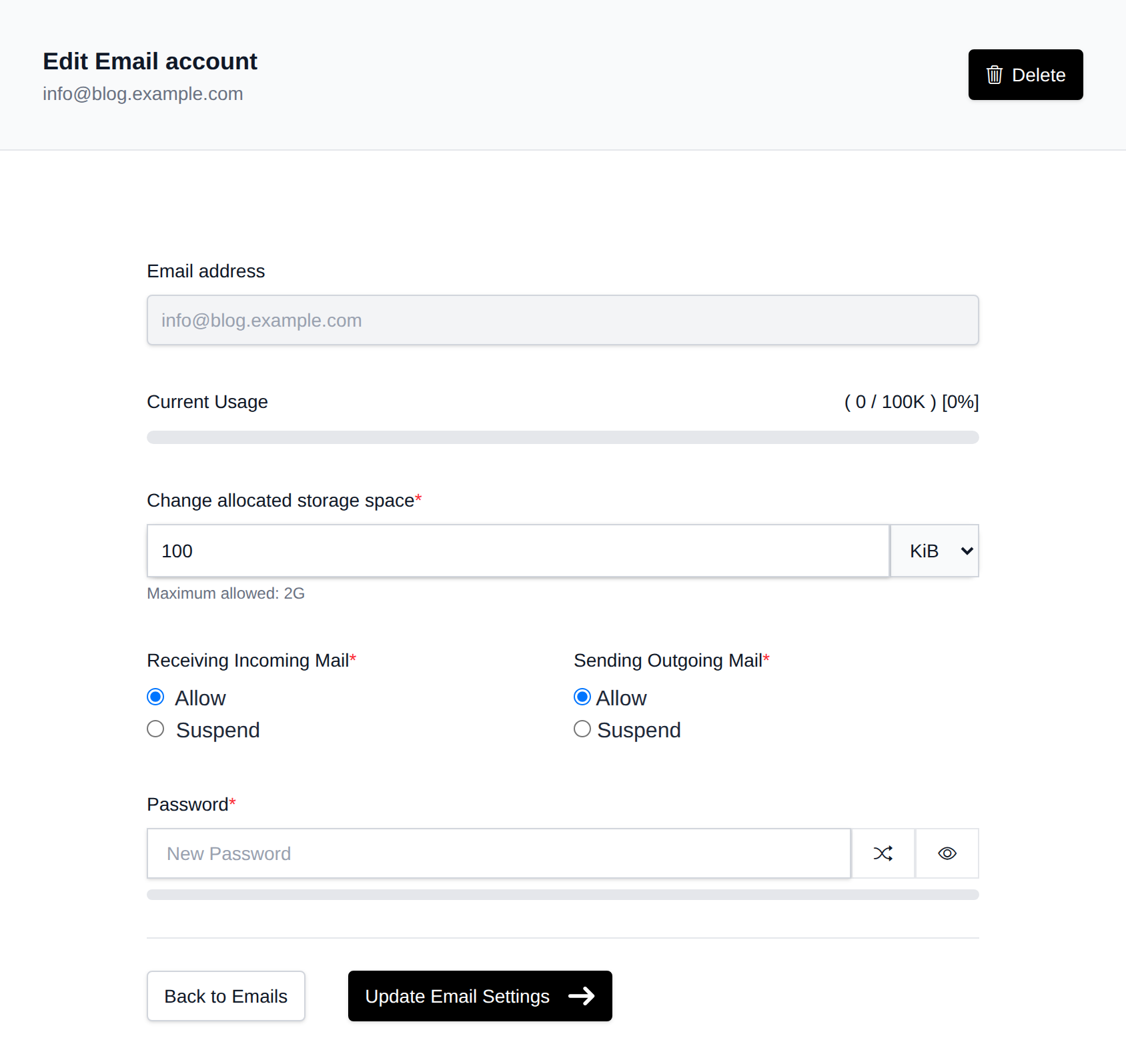 Edit Email account page with storage quota, incoming and outgoing mail toggles and a password field
