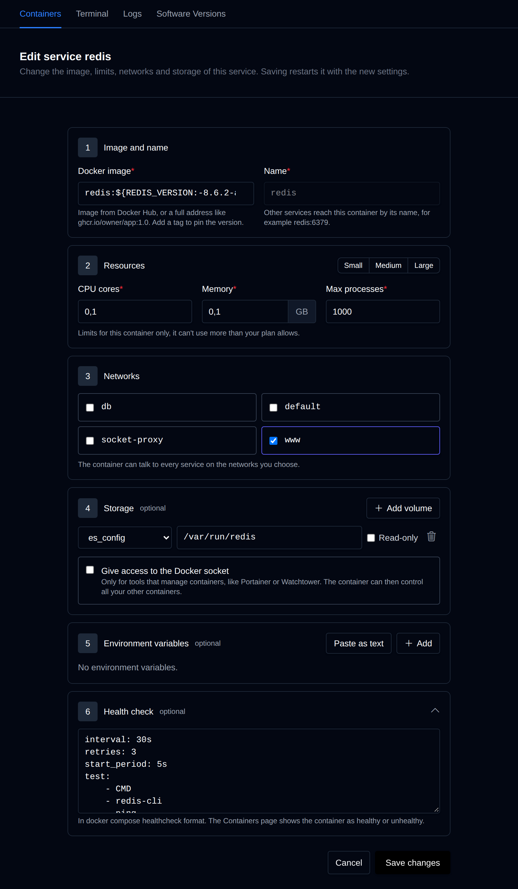 Edit service form with the image, resource limits, networks, storage and environment variables