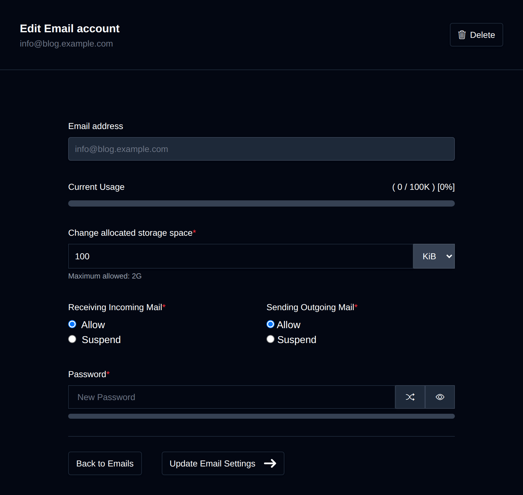 Edit Email account page with storage quota, incoming and outgoing mail toggles and a password field