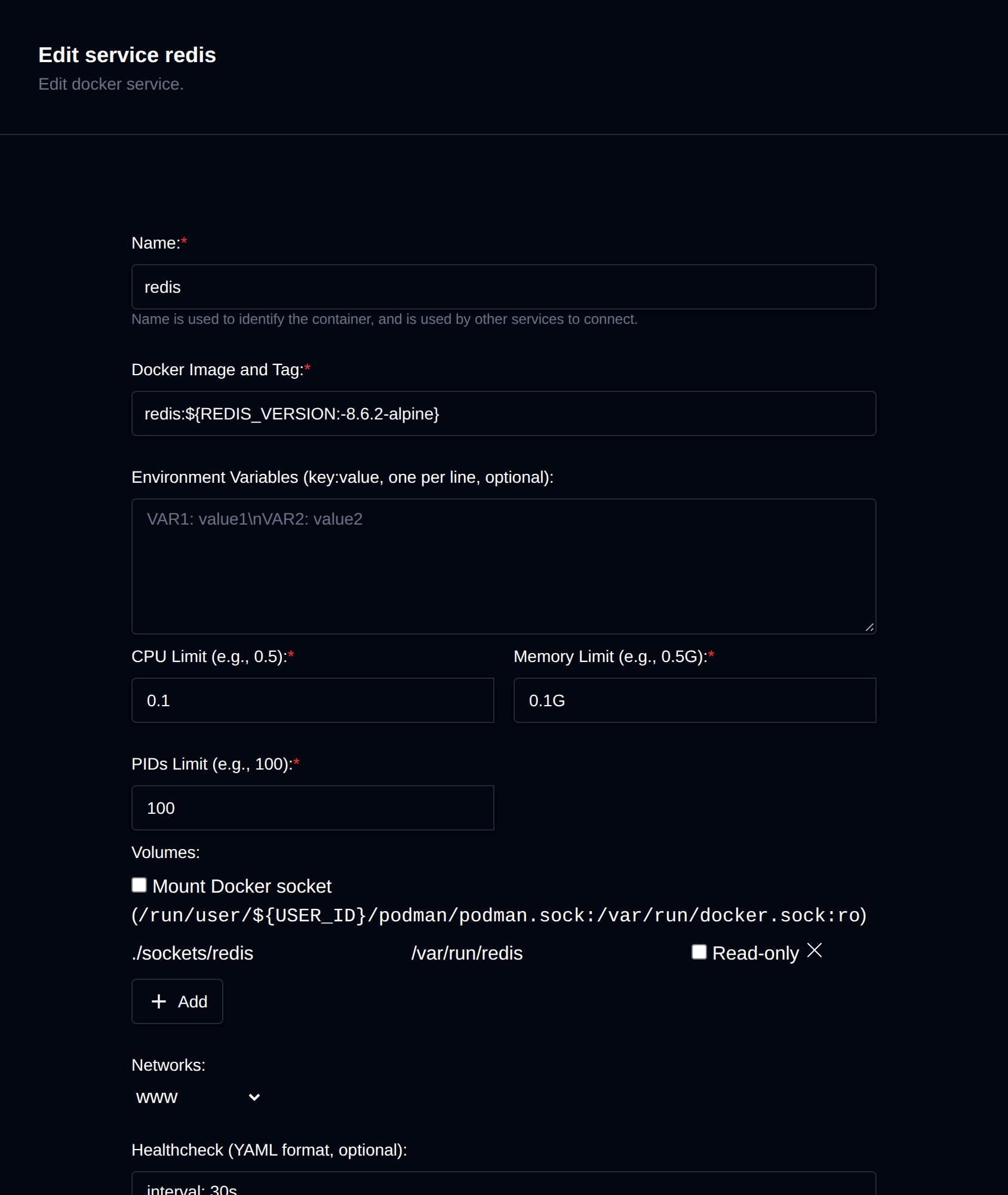 Edit service form with the image tag, environment variables, CPU, memory and PID limits, volumes and networks