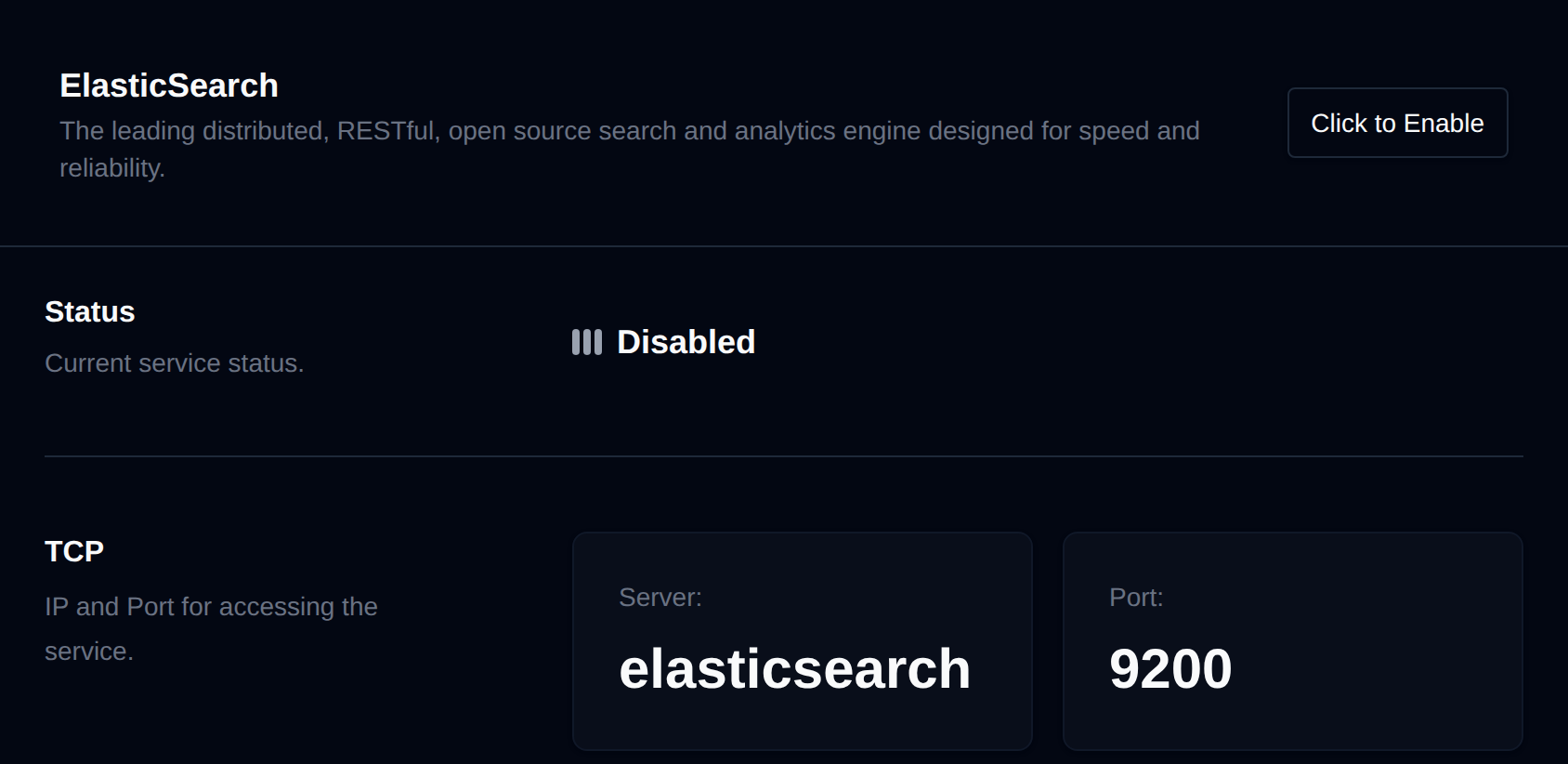 ElasticSearch page with the service status, TCP server and port