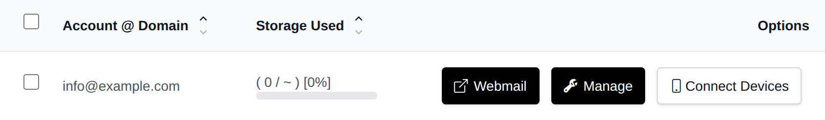 Webmail, Manage and Connect Devices buttons in the row of an email account