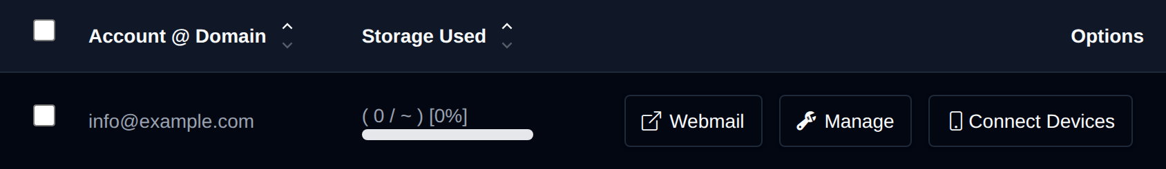 Webmail, Manage and Connect Devices buttons in the row of an email account