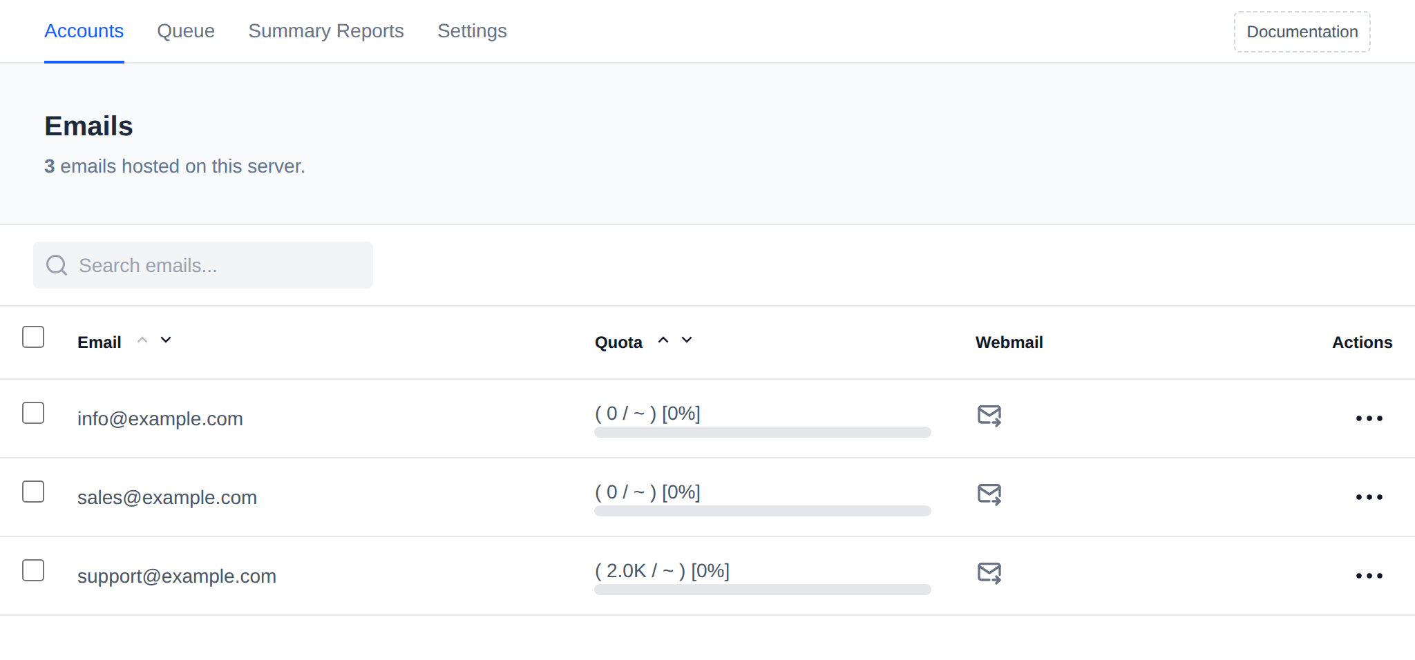 Emails page listing email accounts with their quota usage, webmail button and actions menu