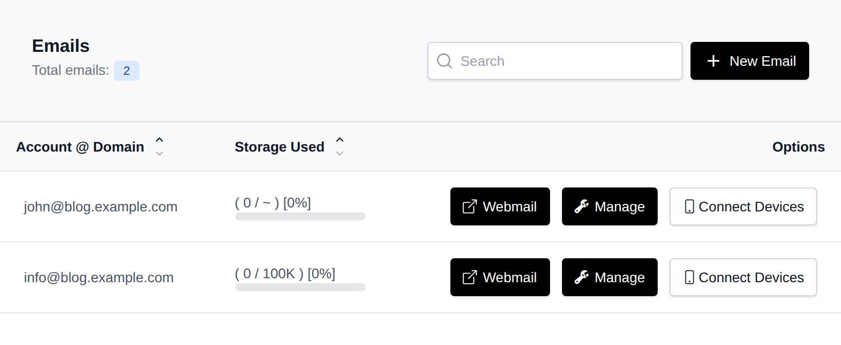 Email Accounts page listing mailboxes with their storage usage and the Webmail, Manage and Connect Devices buttons